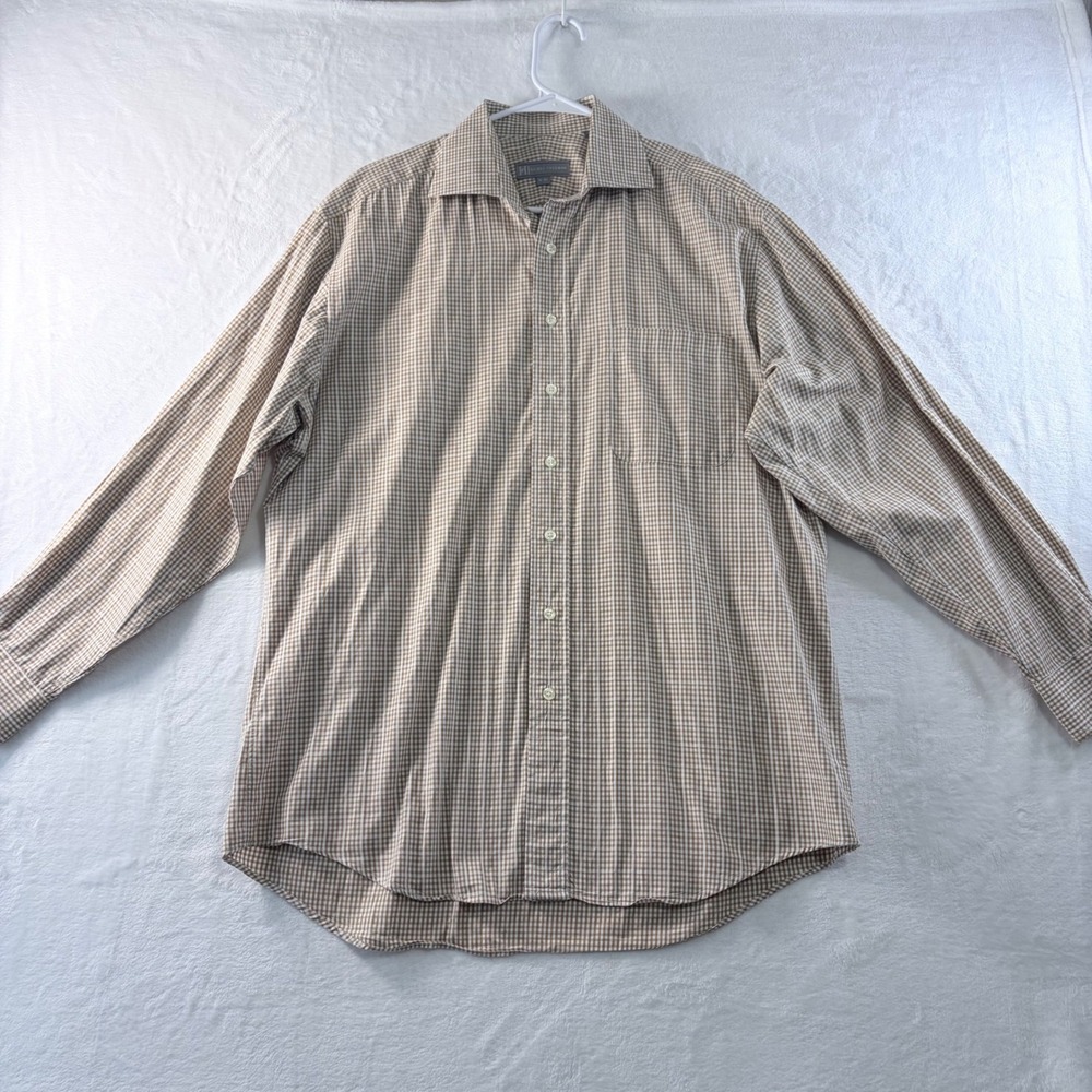 Hickey Freeman Dress Shirt Gingham Tan White Check Long Sleeve 16-34